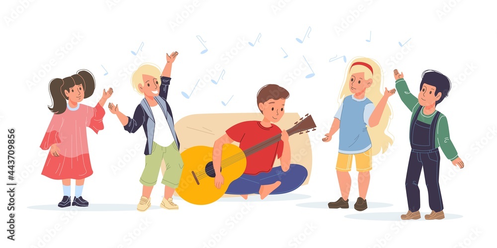 Fototapeta premium Vector cartoon flat kid characters happy listening to guitar music and dancing - various poses, social communication, friendship concept