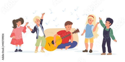 Vector cartoon flat kid characters happy listening to guitar music and dancing - various poses, social communication, friendship concept