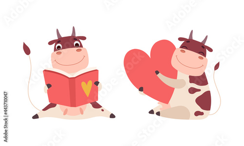 Cute Cow Characters Set, Adorable Farm Animal Reading Book and Holding Red Heart Cartoon Vector Illustration