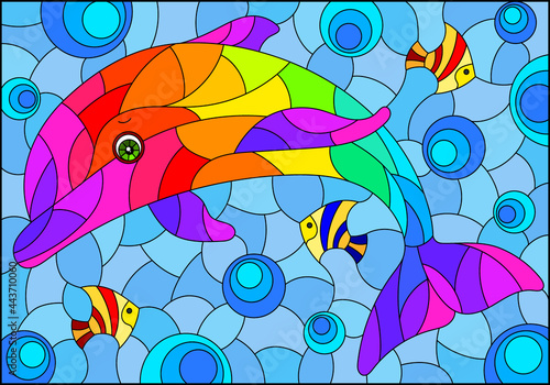 An illustration in the style of a stained glass window with a cute cartoon dolphin on a water background, a rectangular image