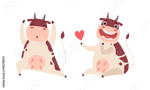 Cute Funny Cow Characters Set, Adorable Farm Animal Doing Yoga Cartoon Vector Illustration