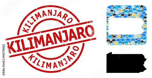 Climate collage map of Pennsylvania State, and grunge red round Kilimanjaro stamp seal. Geographic vector collage map of Pennsylvania State is combined as hole from rounded square and scattered rain,