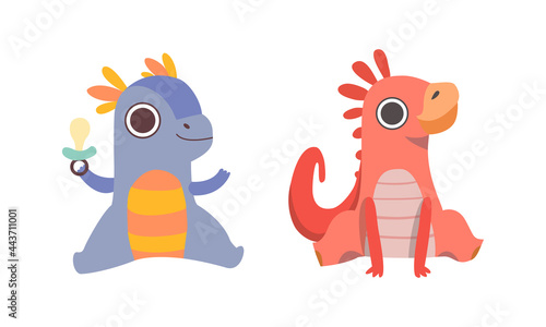 Cute Little Dinosaurs Set, Sweet Colorful Dino Babies with Soother Cartoon Vector Illustration