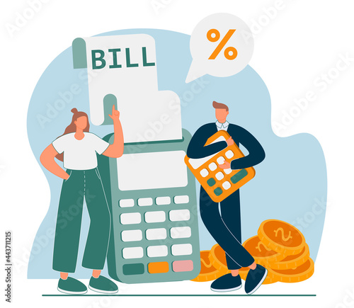 Doing taxes accounting and annual financial paperwork tiny person concept. Money fee calculation and report submit to state revenue service vector illustration. Family budget planning and analysis