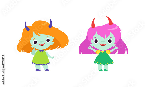 Cute Troll Characters with Different Hair Color Set, Funny Lovely Girs Fantasy Fairytale Creatures Cartoon Vector Illustration