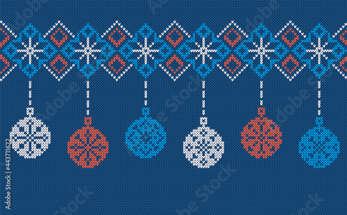 Knit pattern with Christmas balls. Blue seamless border. Xmas ugly ornament. knitted background. Holiday festive texture. Fair isle traditional print. Vector illustration.