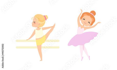 Lovely Little Ballerinas Dancing Set  Cute Little Girls Training at Lesson Cartoon Vector Illustration
