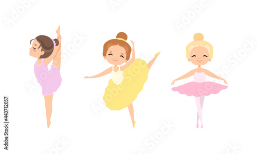 Cute Little Ballerinas Dancing Set, Adorable Little Girls Training at Lesson Cartoon Vector Illustration