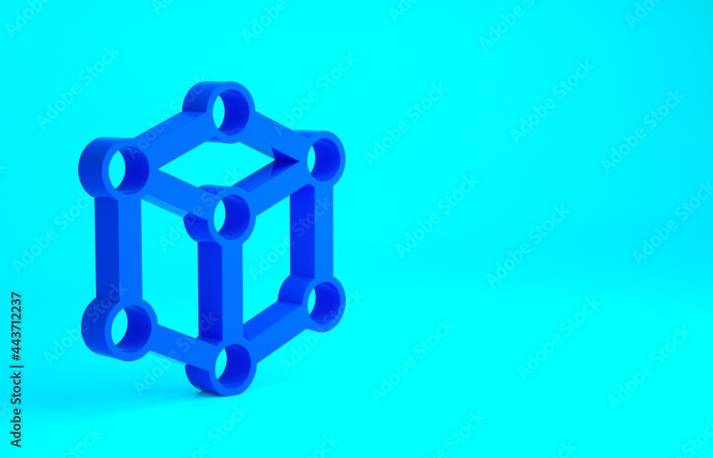 Blue Molecule icon isolated on blue background. Structure of molecules in chemistry, science teachers innovative educational poster. Minimalism concept. 3d illustration 3D render Blue Molecule icon isolated on blue background. Structure of molecules in chemistry, science teachers innovative educational poster. Minimalism concept. 3d illustration 3D render