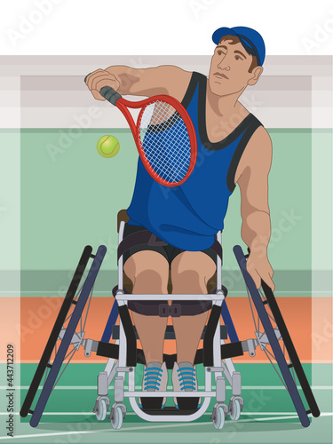 para sports paralympic tennis, physical disabled male athlete sitting in wheelchair hitting tennis ball with racquet, with indoor court in stadium background