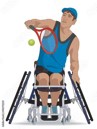 para sports paralympic tennis, physical disabled male athlete sitting in wheelchair hitting tennis ball with racquet, isolated on a white background
