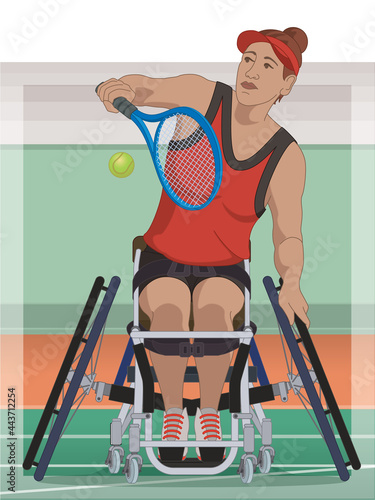 para sports paralympic tennis, physical disabled female athlete sitting in wheelchair hitting tennis ball with racquet, with indoor court in stadium background