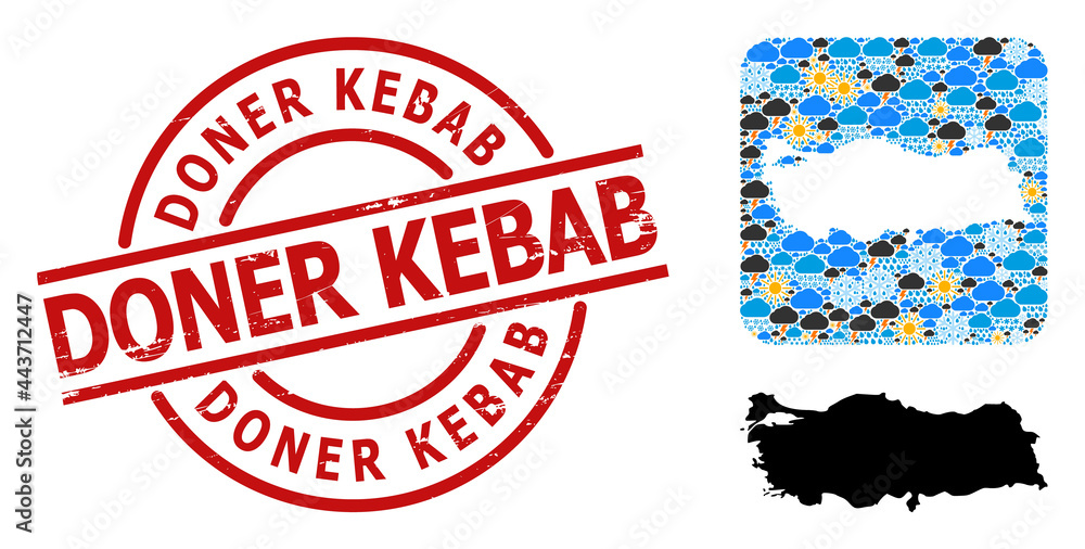 Weather collage map of Turkey, and distress red round Doner Kebab stamp seal. Geographic vector composition map of Turkey is organized as stencil from rounded square and scattered rain, cloud, sun, Weather collage map of Turkey, and distress red round Doner Kebab stamp seal. Geographic vector composition map of Turkey is organized as stencil from rounded square and scattered rain, cloud, sun,