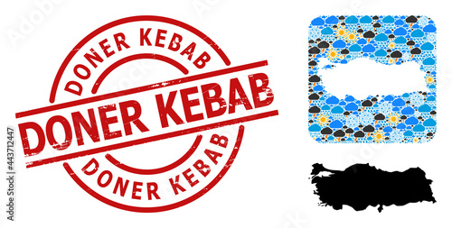 Weather collage map of Turkey, and distress red round Doner Kebab stamp seal. Geographic vector composition map of Turkey is organized as stencil from rounded square and scattered rain, cloud, sun,