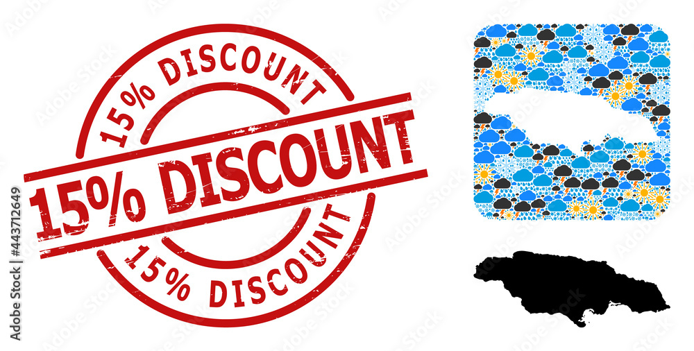 Weather mosaic map of Jamaica, and textured red round 15% Discount badge. Geographic vector composition map of Jamaica is constructed as subtraction from rounded square and random rain, cloud, sun, Weather mosaic map of Jamaica, and textured red round 15% Discount badge. Geographic vector composition map of Jamaica is constructed as subtraction from rounded square and random rain, cloud, sun,