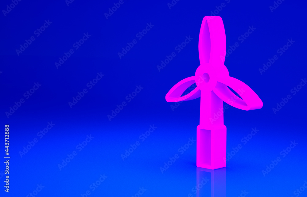Pink Wind turbine icon isolated on blue background. Wind generator sign. Windmill for electric power production. Minimalism concept. 3d illustration 3D render Pink Wind turbine icon isolated on blue background. Wind generator sign. Windmill for electric power production. Minimalism concept. 3d illustration 3D render