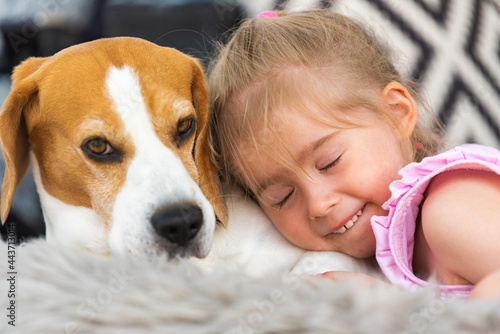 Child cuddle a dog on backyard sofa. Happy childhood with beagle pet.