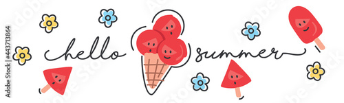 Hello Summer handwritten typography lettering text line design colorful flowers and watermelon ice cream draw white isolated background banner