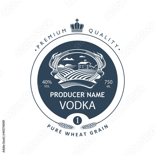 template vodka label with royal crown, field and ears of wheat in retro style