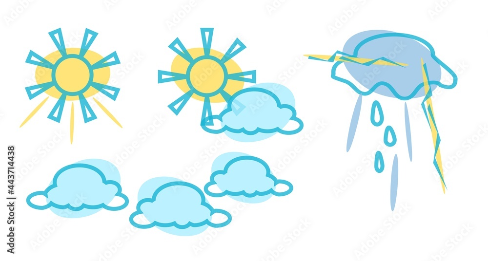 Icons depicting weather indications, the sun is shining, variable and cloudy weather with clouds, a thunderstorm with a cloud, rain and lightning on a white background Icons depicting weather indications, the sun is shining, variable and cloudy weather with clouds, a thunderstorm with a cloud, rain and lightning on a white background