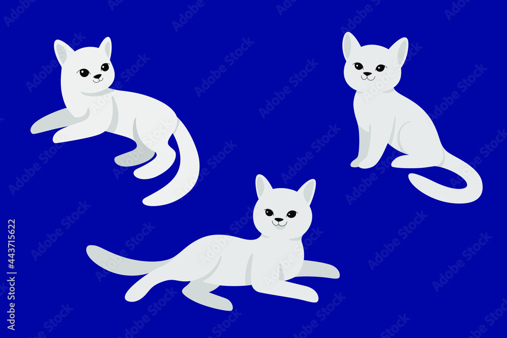 Cartoon cat icon set. Different poses of cat. Vector contour illustration for prints, clothing, packaging, stickers.