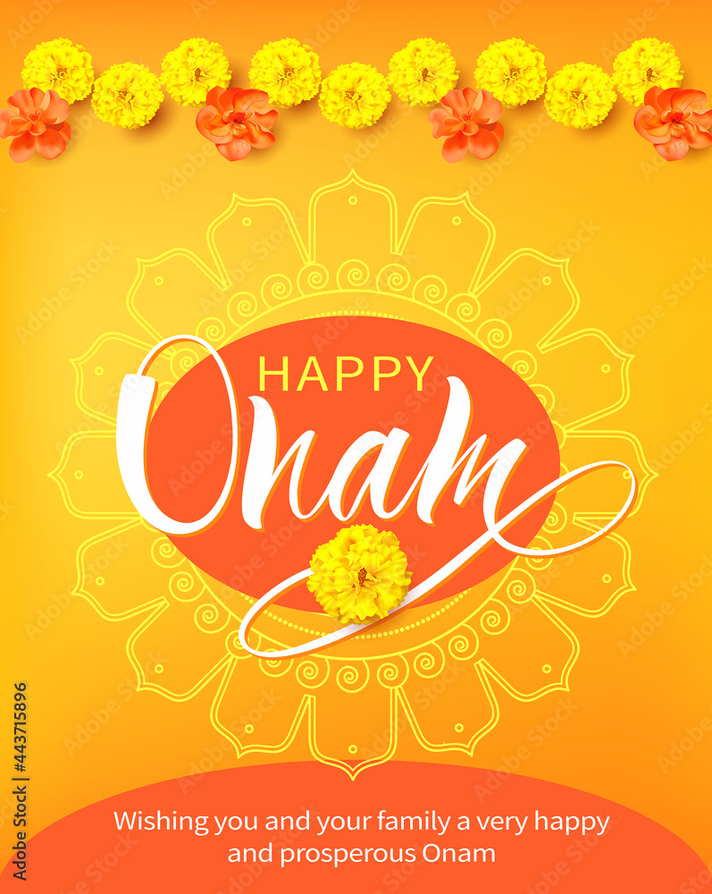 Happy Onam background with floral decoration, rangoli and lettering for South India harvest festival. Vector illustration.