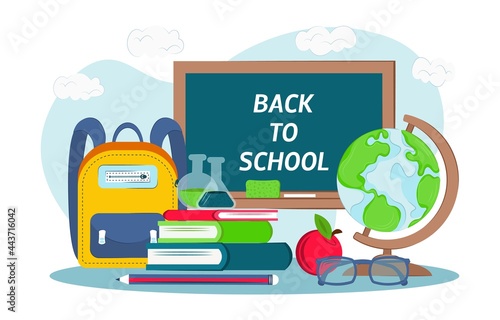 Illustration of school supplies on a white background. Chalkboard with books, globe, glasses, apple, briefcase and pencil. Back to school concept. 