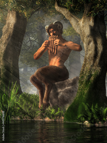 Canvas Print Pan, the god of the wilderness, nature, and shepherds from Greek mythology, in the form of a saytr or faun with goat legs and horns, plays his pipes by a pond in a deep green forest