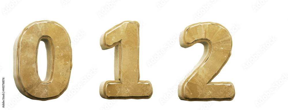 Sand alphabet. Numbers 0, 1, 2. 3D render. Path save. Sand alphabet. Numbers 0, 1, 2. 3D render. Path save.