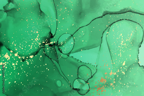 Modern watercolor background or elegant card design or wallpaper or poster with abstract green ink waves and golden splashes.