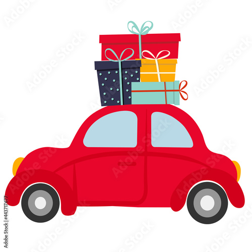 Cartoons retro car with gift box and presents. Vector illustration..