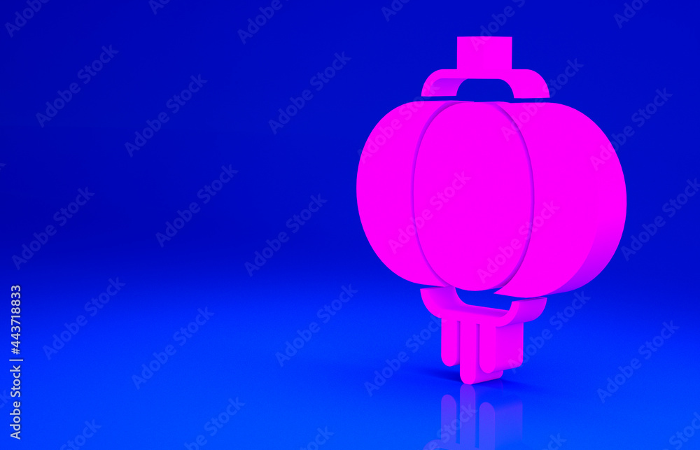 Obraz premium Pink Chinese paper lantern icon isolated on blue background. Minimalism concept. 3d illustration 3D render