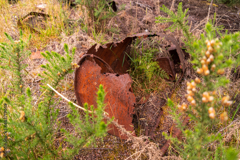 Old barrels rusting over decades in the grass of Waiuta ghost town, New Zealand Old barrels rusting over decades in the grass of Waiuta ghost town, New Zealand