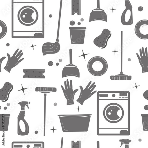 House cleaning supplies seamless pattern on white background, silhouette of housework tools 