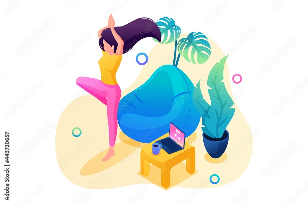Isometric 3D. Self-Isolation, The Girl Does Yoga At Home In a Calm Environment. Concept For Web Design Isometric 3D. Self-Isolation, The Girl Does Yoga At Home In a Calm Environment. Concept For Web Design