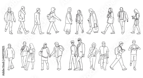 Diverse various people walking set outline sketch black and white vector illustration