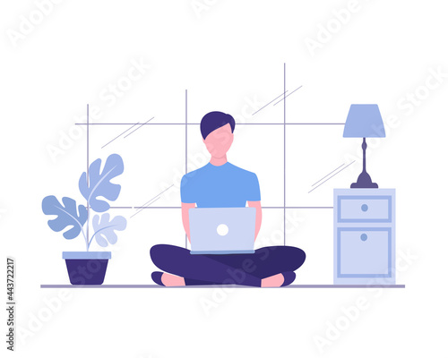 Work and study at home. Flat colored illustration. A girl with a laptop works sitting on the floor. Isolated on white background. 