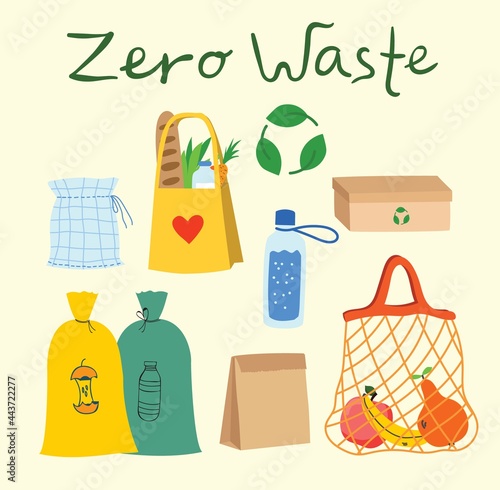 Hand drawn elements of zero waste life in vector. Eco style. No plastic. Go green