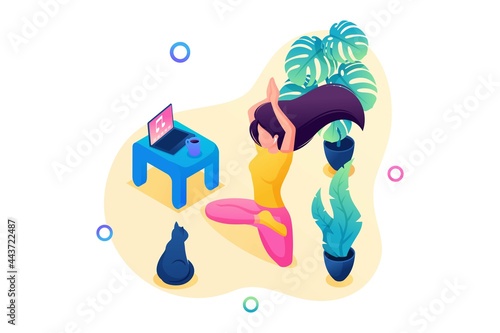 Isometric 3D. Girl Does Yoga At Home, Performing Asanas To Music. Concept For Web Design