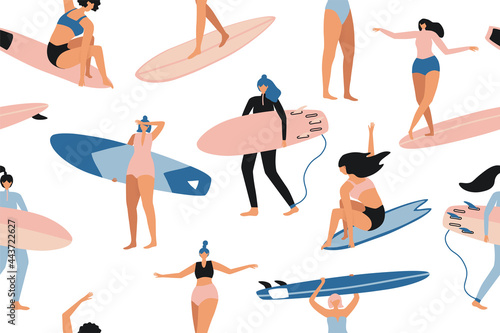 Surfing seamless pattern in vector. Surf girls character in swimsuit with a shortboard and Longboard. Summer design for fabric, wallpaper, packaging paper, backgrounds and decor.