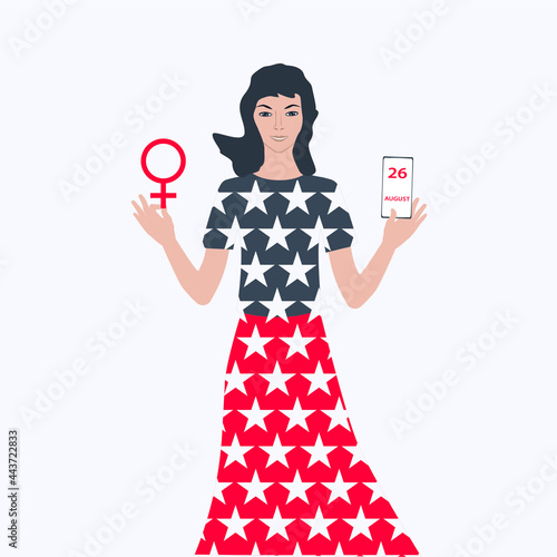 Woman holding gender symbol - vector. Banner. Women's Equality Day. 26 august