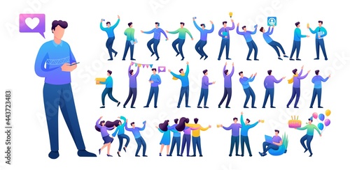 Set of a fun teen man. Presentation in various in various poses and actions. 2D Flat character vector illustration N2