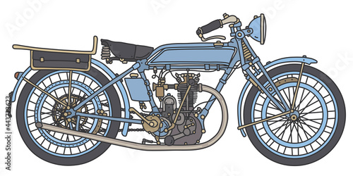 The hand drawing of a vintage sky blue motorcycle