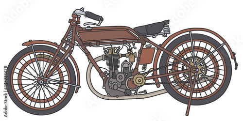 The hand drawing of a vintage dark red motorcycle