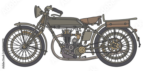 The hand drawing of a vintage khaki green military motorcycle