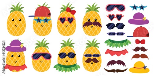 Cute pineapples set in sunglasses. Pineapple dress up activity for kids with summer accessories. Vector illustration photo