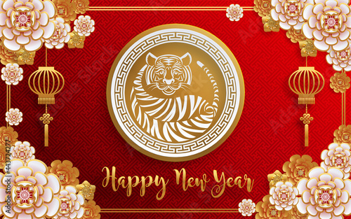 Chinese new year 2022 year of the tiger red and gold flower and asian elements paper cut with craft style on background.( translation : chinese new year 2022, year of tiger )