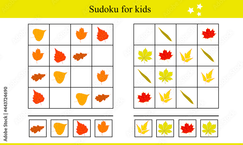 Sudoku for kids with autumn leaves. Educational game for children. Autumn vector illustration