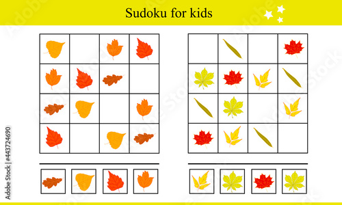 Sudoku for kids with autumn leaves. Educational game for children. Autumn vector illustration