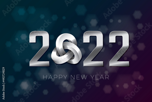 2022 Silver Numerals Logo with Triple Mobius Loop Impossible Figure and Happy New Year Lettering - Silver on Luminous Hexagons Background - Gradient Graphic Design